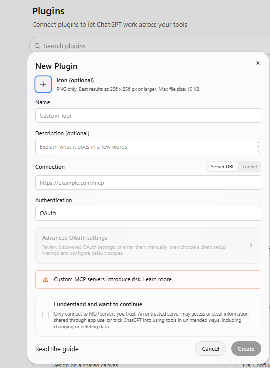 New Plugin formu: Name, Connection Server URL, Authentication OAuth