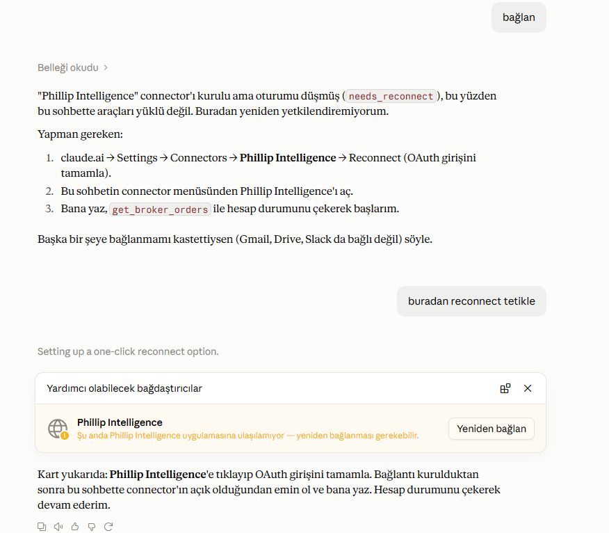 Claude sohbetinde Phillip Intelligence için Yeniden bağlan düğmeli kart