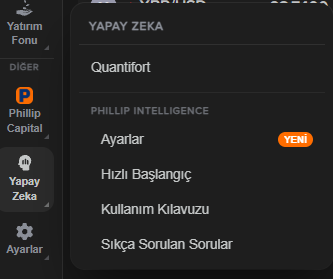 MobilG menüsü: Yapay Zeka, Phillip Intelligence, Ayarlar